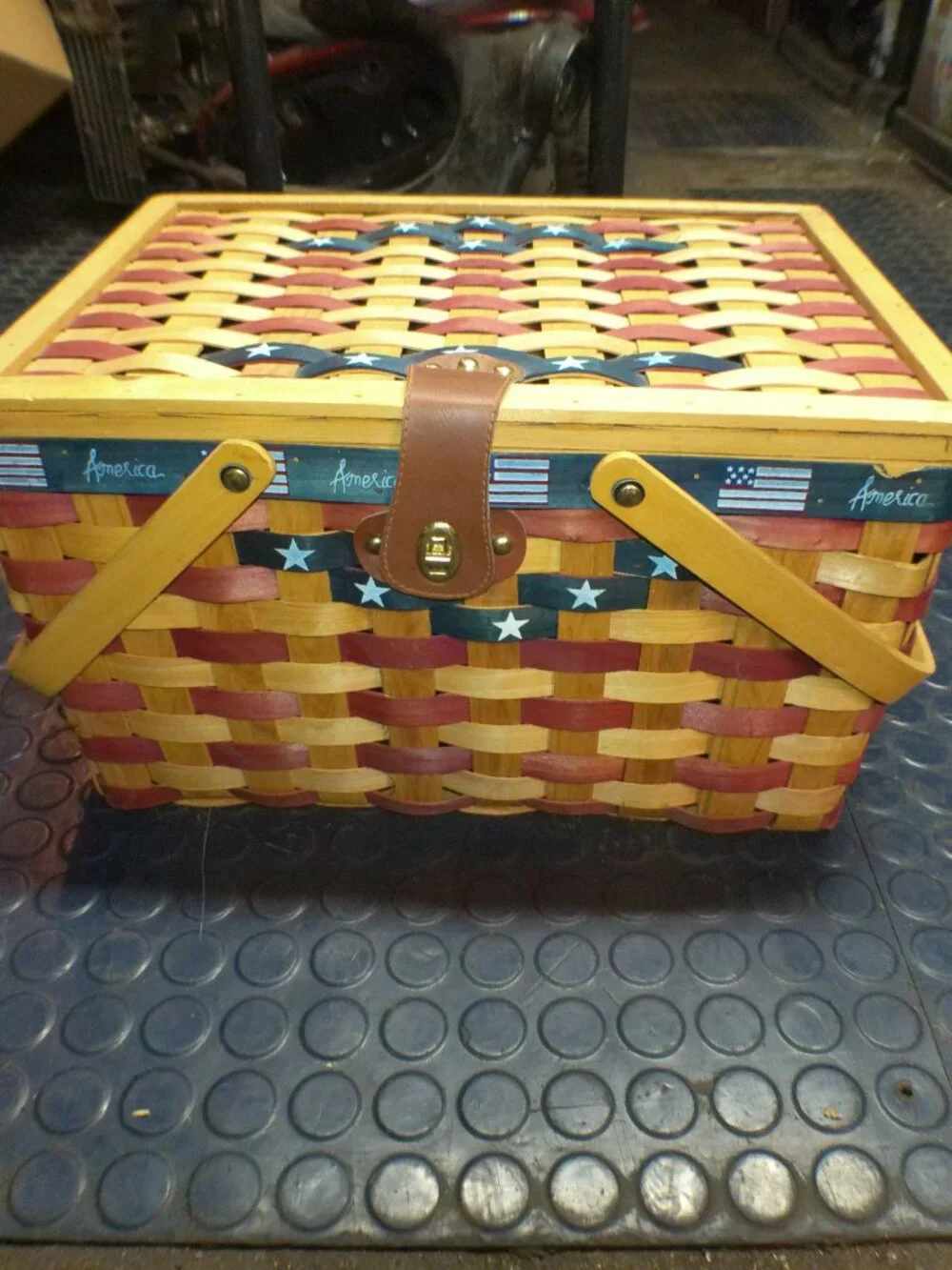 Amercana Picnic Basket Red White & Blue, America and Stars Painted on Basket